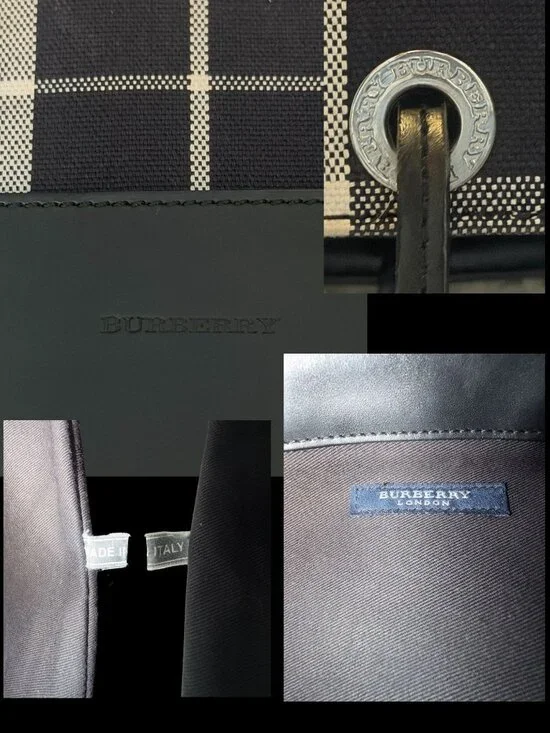 VTG Burberry Nova Check Tote XL Black Leather Cotton Canvas Open Top Bag Italy - Picture 9 of 10